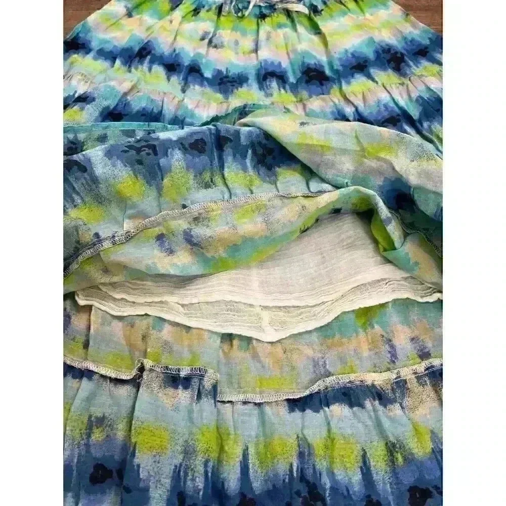 Jane Ashley Tiered Maxi Pull On Skirt Multi-Color Blue Green Women's PM Boho
